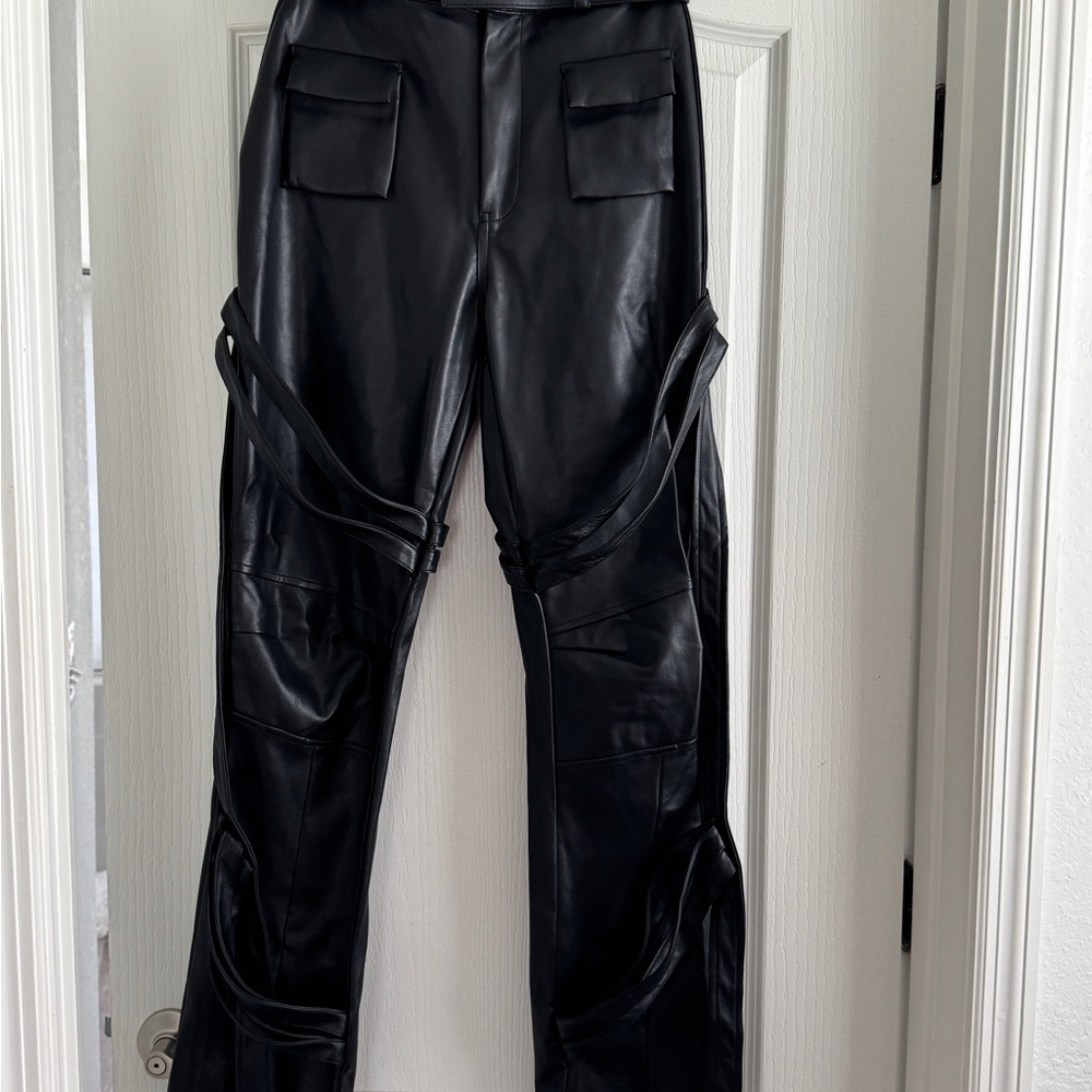 Maniere De Voir Black Vegan Leather Carpenter Cargo Trousers